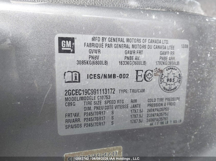 2009 Chevrolet Silverado 1500 Ls/Lt/Wt VIN: 2GCEC19C991113172 Lot: 12583742