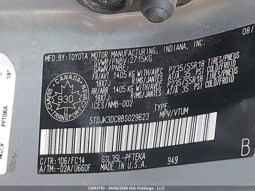 2011 Toyota Sienna Le VIN: 5TDJK3DC8BS029623 Lot: 12583753