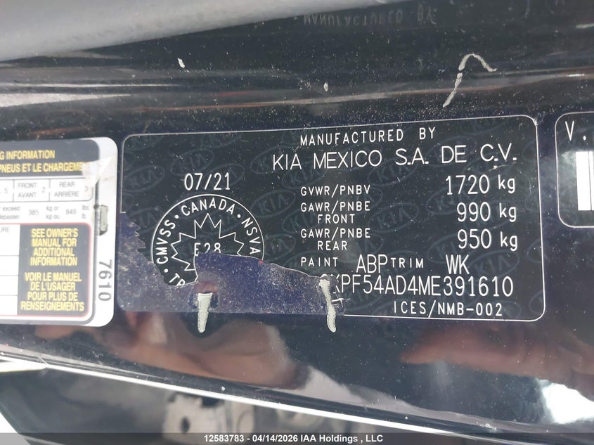 2021 Kia Forte Ex VIN: 3KPF54AD4ME391610 Lot: 12583783