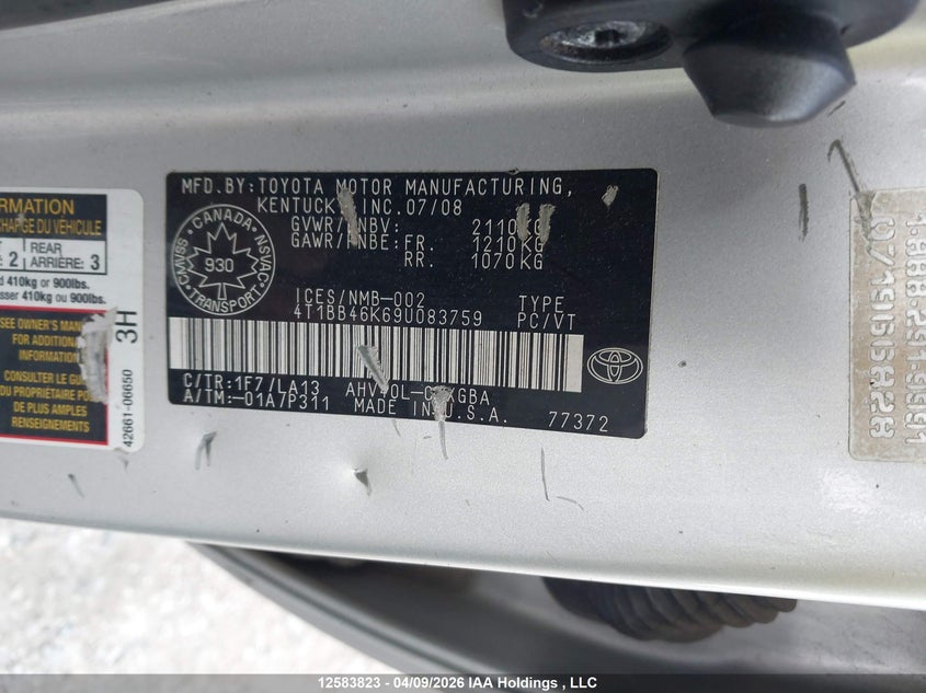 2009 Toyota Camry Hybrid VIN: 4T1BB46K69U083759 Lot: 12583823