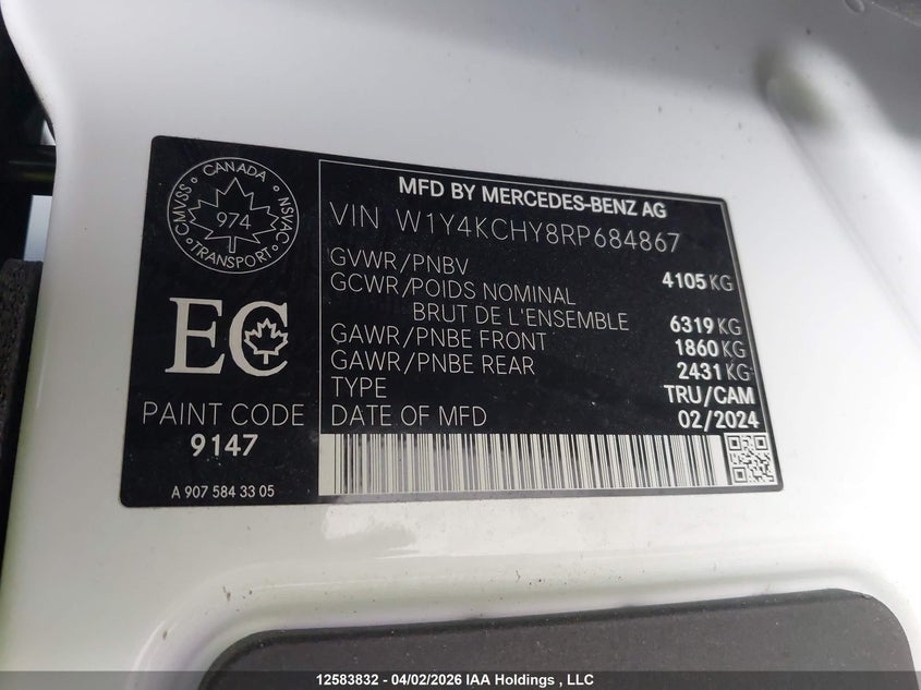 2024 Mercedes-Benz Sprinter 2500 VIN: W1Y4KCHY8RP684867 Lot: 12583832