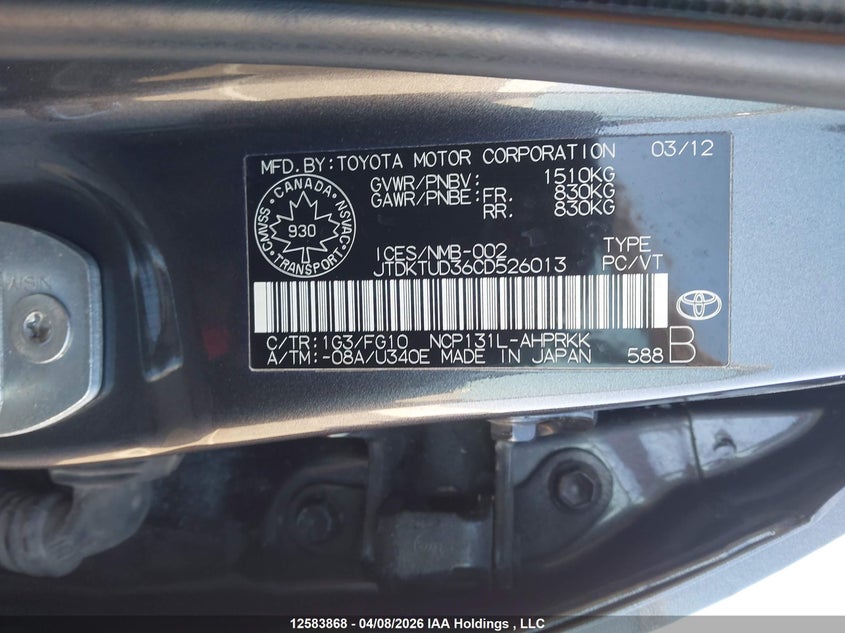 2012 Toyota Yaris VIN: JTDKTUD36CD526013 Lot: 12583868