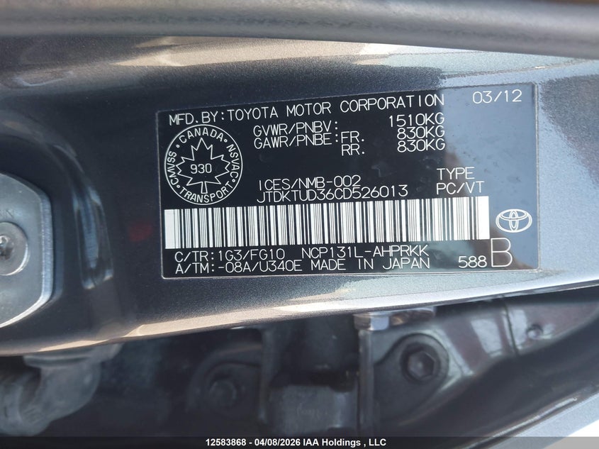 2012 Toyota Yaris VIN: JTDKTUD36CD526013 Lot: 12583868