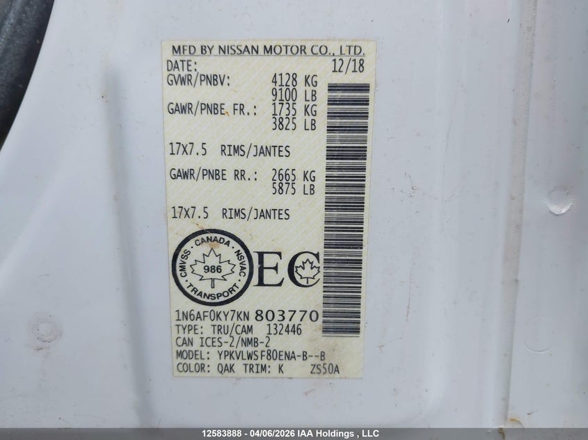 2019 Nissan Nv 2500 S/2500 Sv/3500 S/3500 Sv/3500 Sl VIN: 1N6AF0KY7KN803770 Lot: 12583888