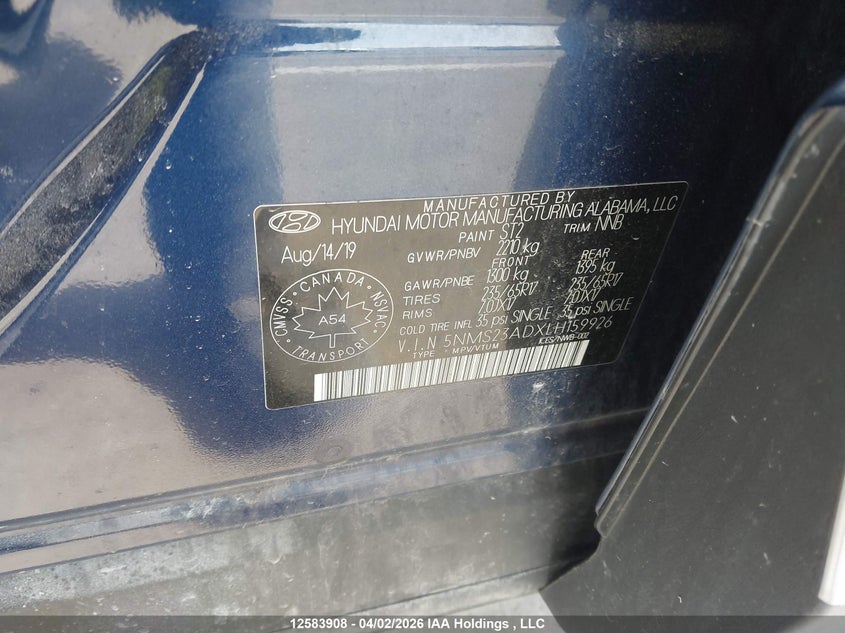 2020 Hyundai Santa Fe Se VIN: 5NMS23ADXLH159926 Lot: 12583908