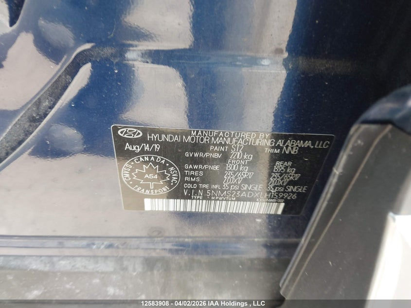 2020 Hyundai Santa Fe Se VIN: 5NMS23ADXLH159926 Lot: 12583908