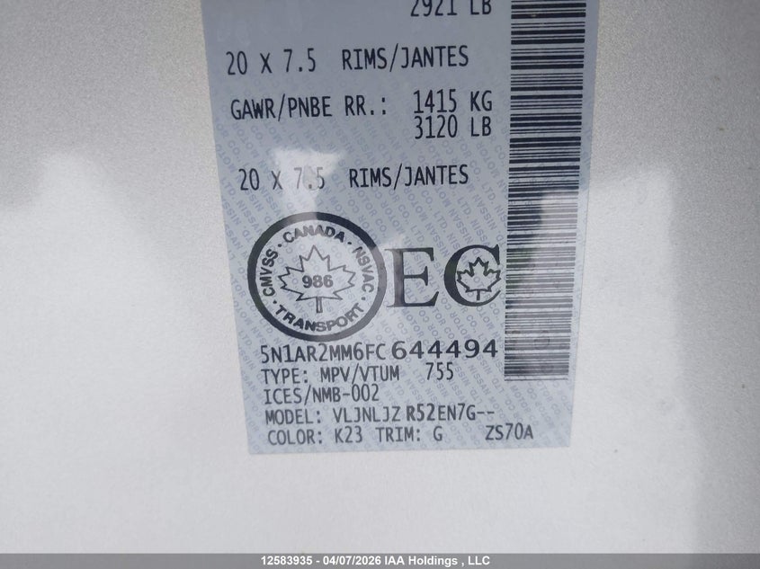 2015 Nissan Pathfinder Platinum/S/Sl/Sv VIN: 5N1AR2MM6FC644494 Lot: 12583935