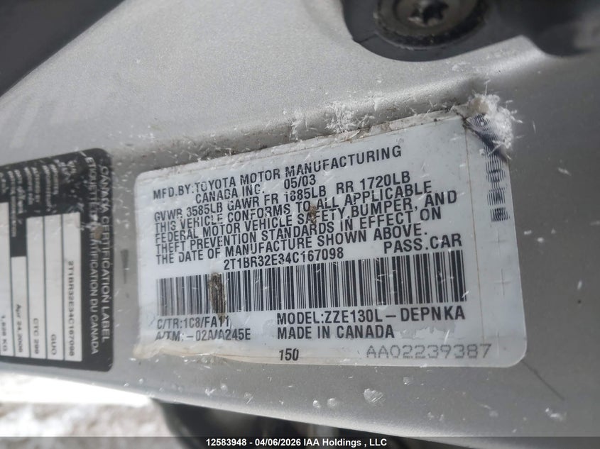 2004 Toyota Corolla Le VIN: 2T1BR32E34C167098 Lot: 12583948