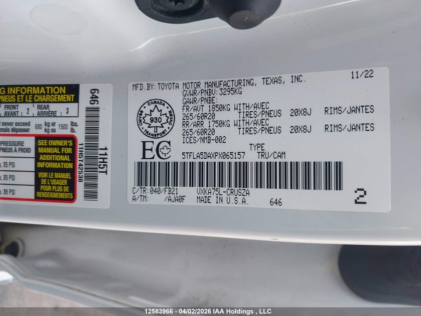 2023 Toyota Tundra Sr VIN: 5TFLA5DAXPX065157 Lot: 12583966