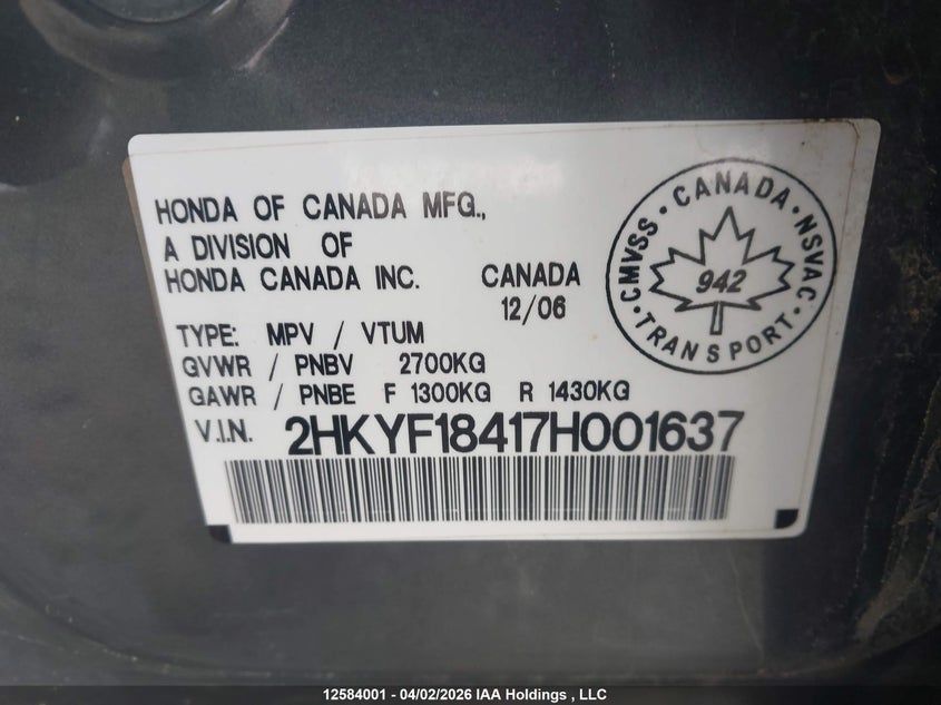 2007 Honda Pilot Ex VIN: 2HKYF18417H001637 Lot: 12584001