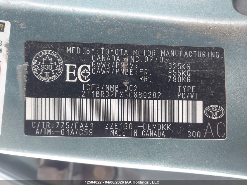 2005 Toyota Corolla Ce/Le/S VIN: 2T1BR32EX5C889282 Lot: 12584022