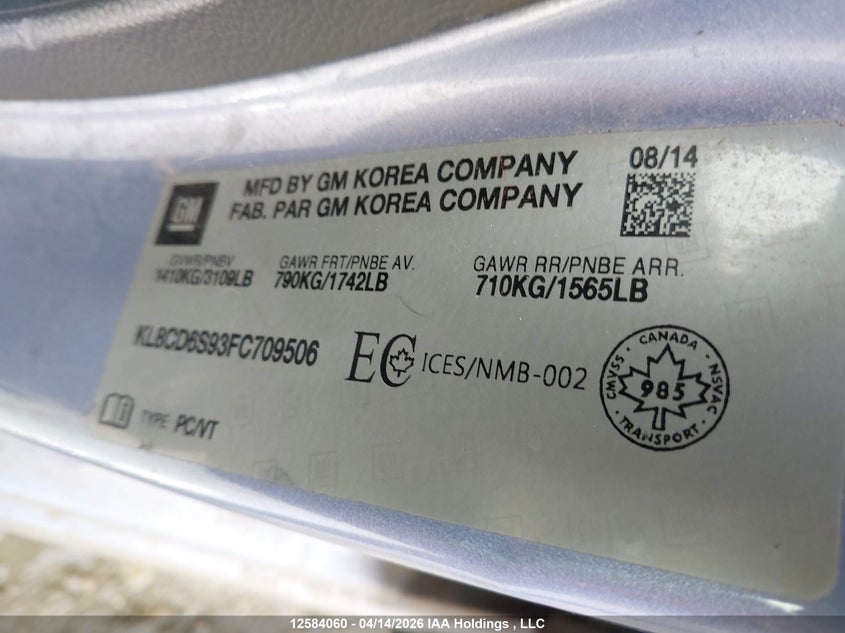 2015 Chevrolet Spark 1Lt Cvt VIN: KL8CD6S93FC709506 Lot: 12584060