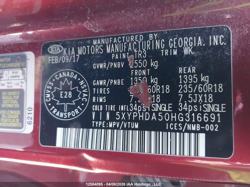 2017 Kia Sorento VIN: 5XYPHDA50HG316691 Lot: 12584095