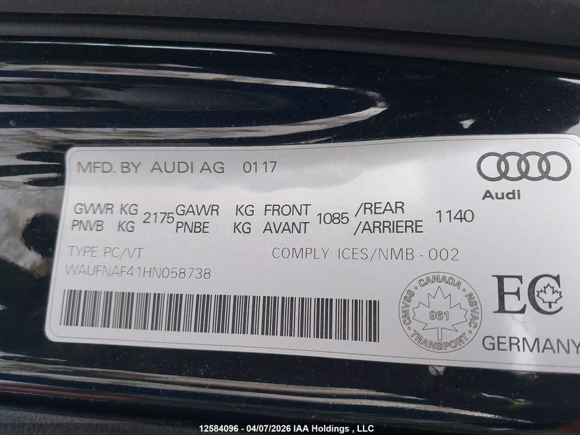 2017 Audi A4 2.0T Technik VIN: WAUFNAF41HN058738 Lot: 12584096