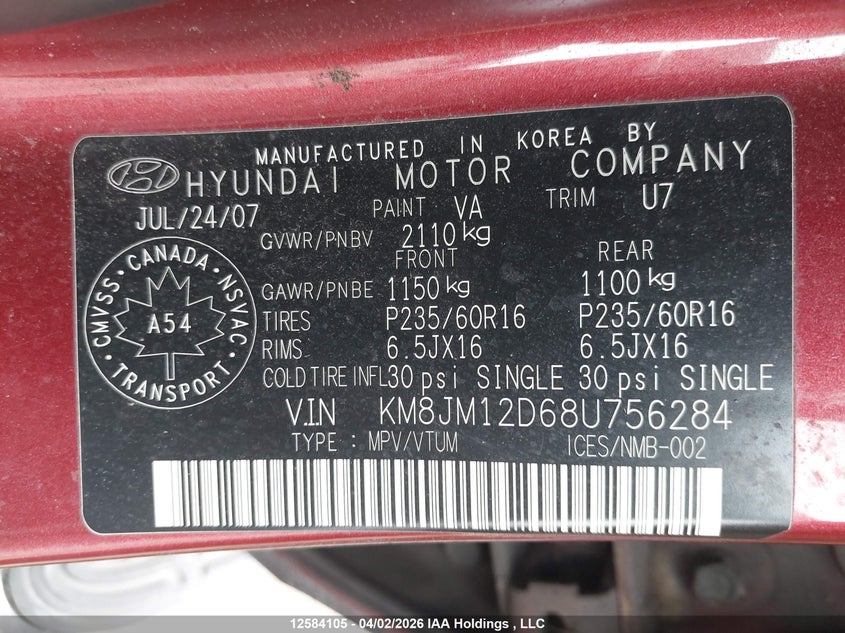 2008 Hyundai Tucson VIN: KM8JM12D68U756284 Lot: 12584105