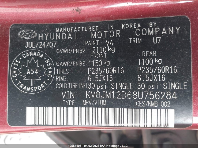 2008 Hyundai Tucson VIN: KM8JM12D68U756284 Lot: 12584105