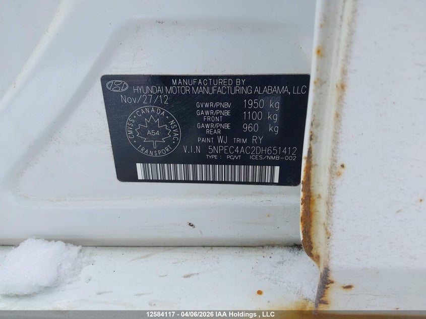 2013 Hyundai Sonata Limited VIN: 5NPEC4AC2DH651412 Lot: 12584117