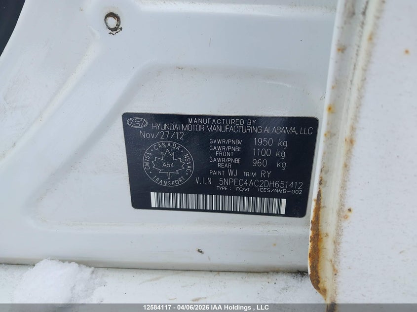 2013 Hyundai Sonata Limited VIN: 5NPEC4AC2DH651412 Lot: 12584117