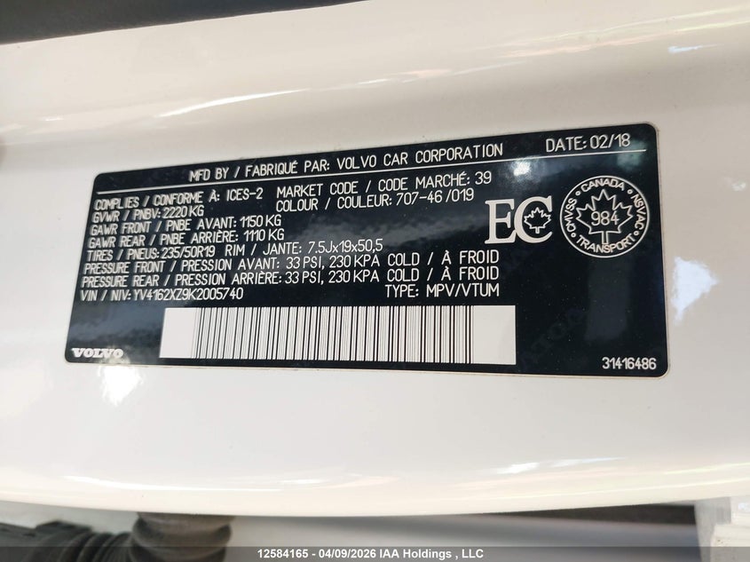 2019 Volvo Xc40 T5 Momentum/T5 R-Design VIN: YV4162XZ9K2005740 Lot: 12584165