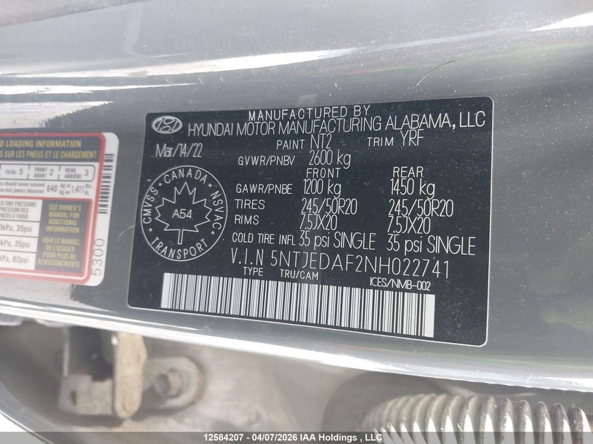 2022 Hyundai Santa Cruz VIN: 5NTJEDAF2NH022741 Lot: 12584207