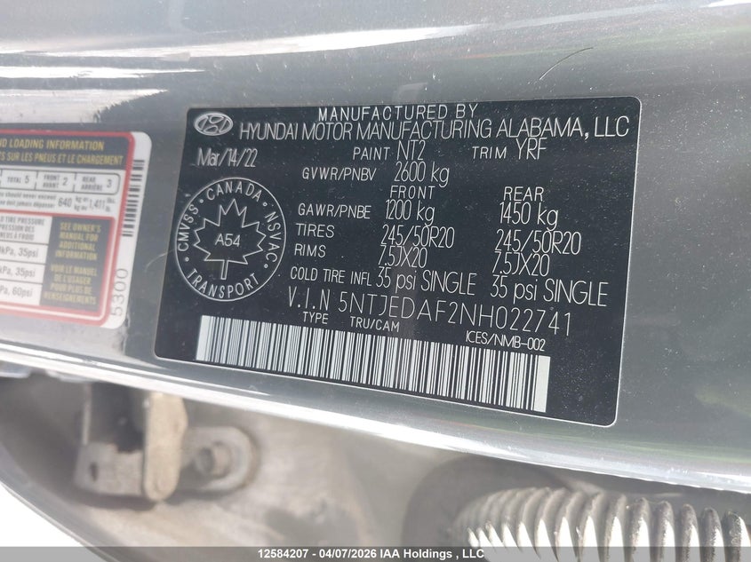 2022 Hyundai Santa Cruz VIN: 5NTJEDAF2NH022741 Lot: 12584207