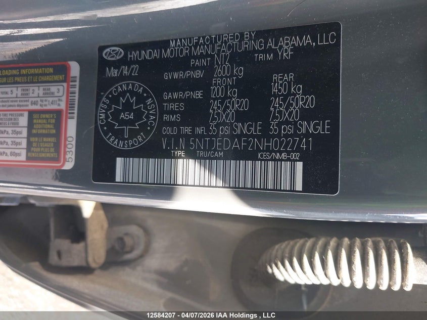 2022 Hyundai Santa Cruz VIN: 5NTJEDAF2NH022741 Lot: 12584207