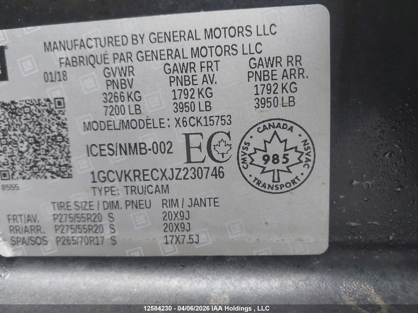 2018 Chevrolet Silverado K1500 Lt VIN: 1GCVKRECXJZ230746 Lot: 12584230