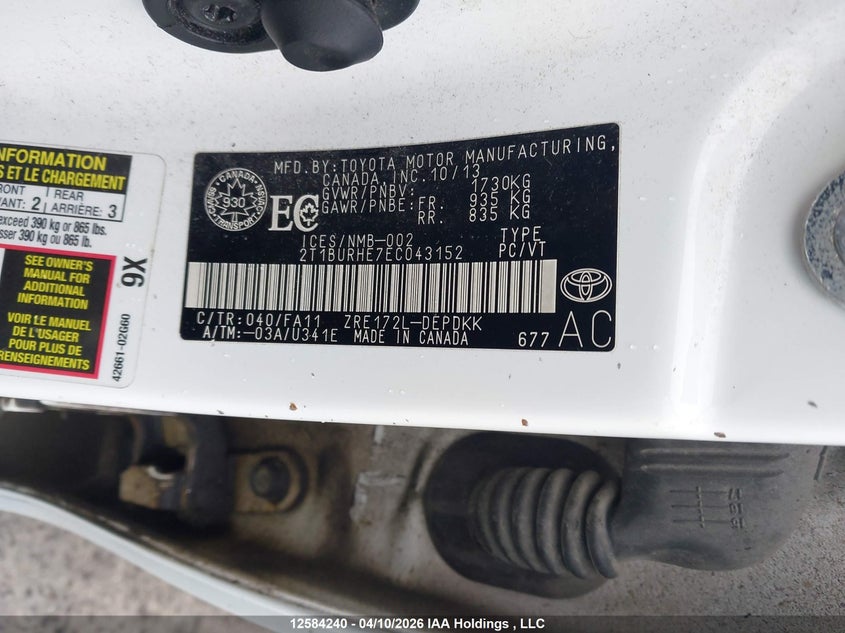 2014 Toyota Corolla VIN: 2T1BURHE7EC043152 Lot: 12584240