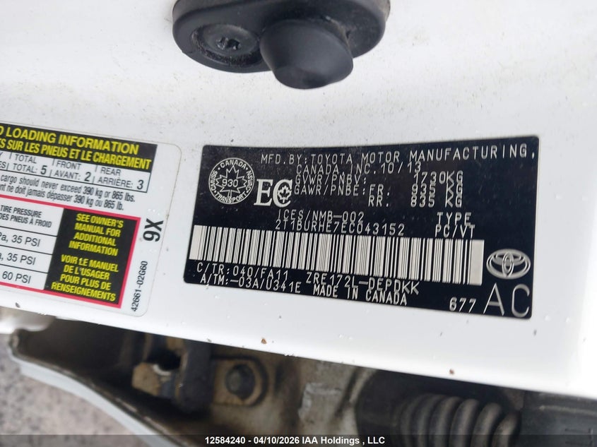 2014 Toyota Corolla VIN: 2T1BURHE7EC043152 Lot: 12584240