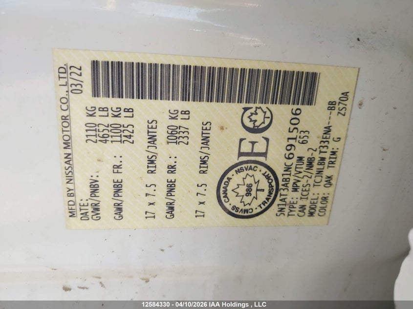 2022 Nissan Rogue S VIN: 5N1AT3AB1NC691506 Lot: 12584330