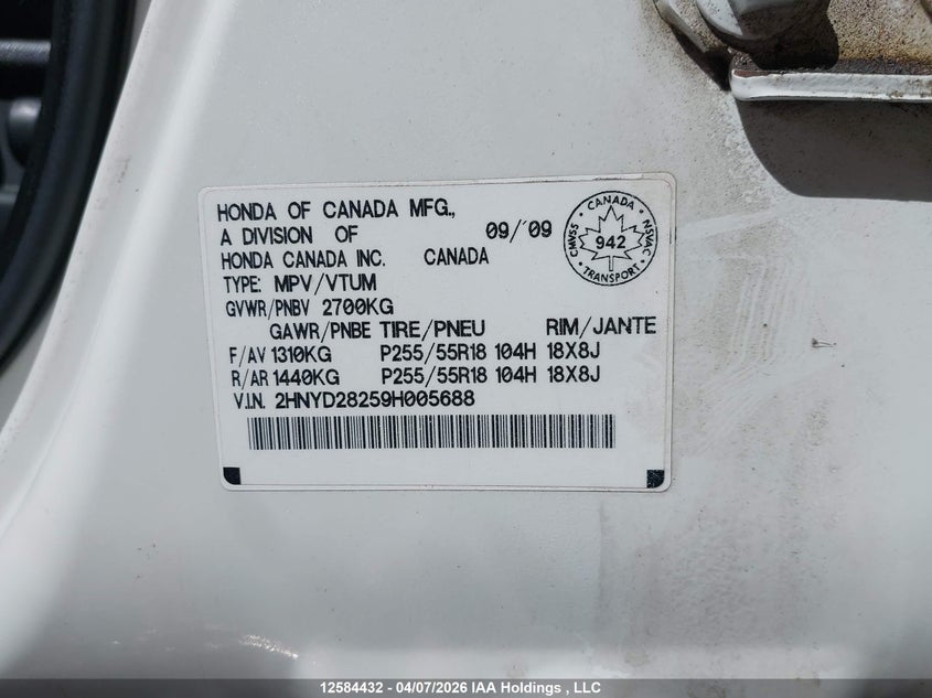 2009 Acura Mdx VIN: 2HNYD28259H005688 Lot: 12584432