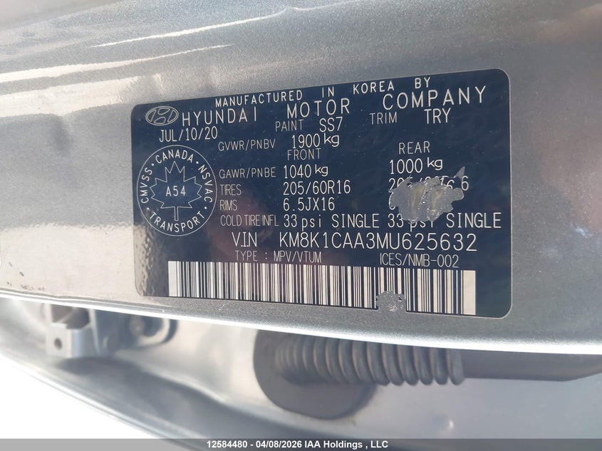 2021 Hyundai Kona Essential Awd VIN: KM8K1CAA3MU625632 Lot: 12584480