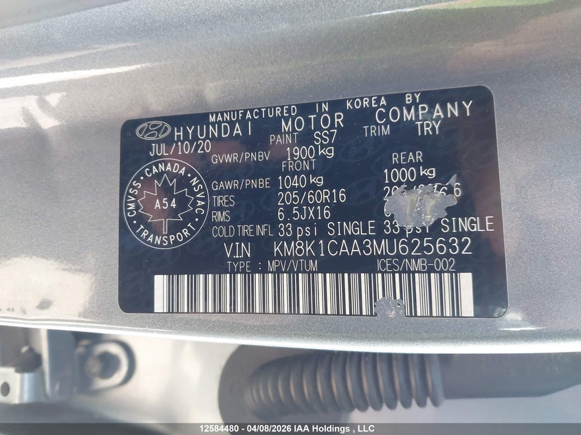 2021 Hyundai Kona Essential Awd VIN: KM8K1CAA3MU625632 Lot: 12584480