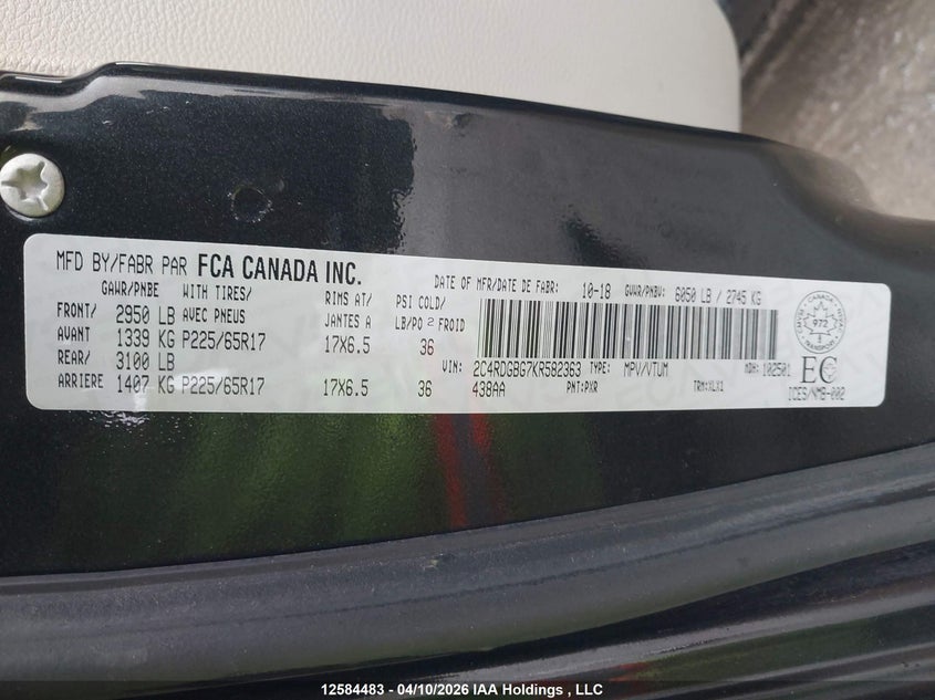 2019 Dodge Grand Caravan Cvp/Sxt VIN: 2C4RDGBG7KR582363 Lot: 12584483