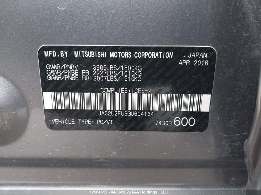 2016 Mitsubishi Lancer Es VIN: JA32U2FU9GU604134 Lot: 12584512