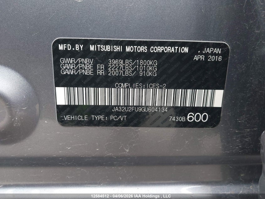 2016 Mitsubishi Lancer Es VIN: JA32U2FU9GU604134 Lot: 12584512