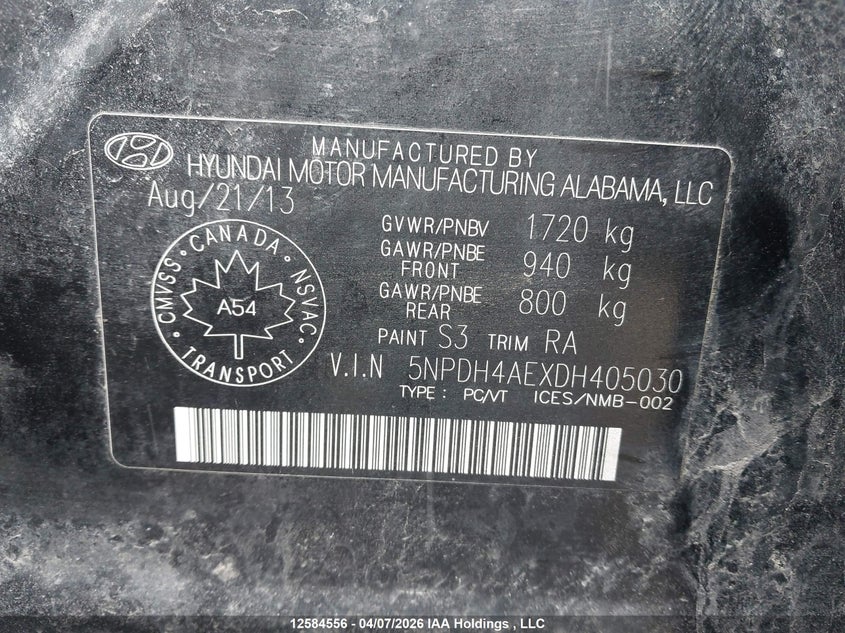 2013 Hyundai Elantra VIN: 5NPDH4AEXDH405030 Lot: 12584556