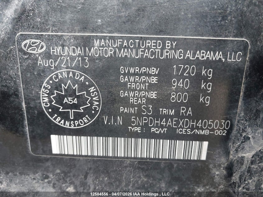 2013 Hyundai Elantra VIN: 5NPDH4AEXDH405030 Lot: 12584556