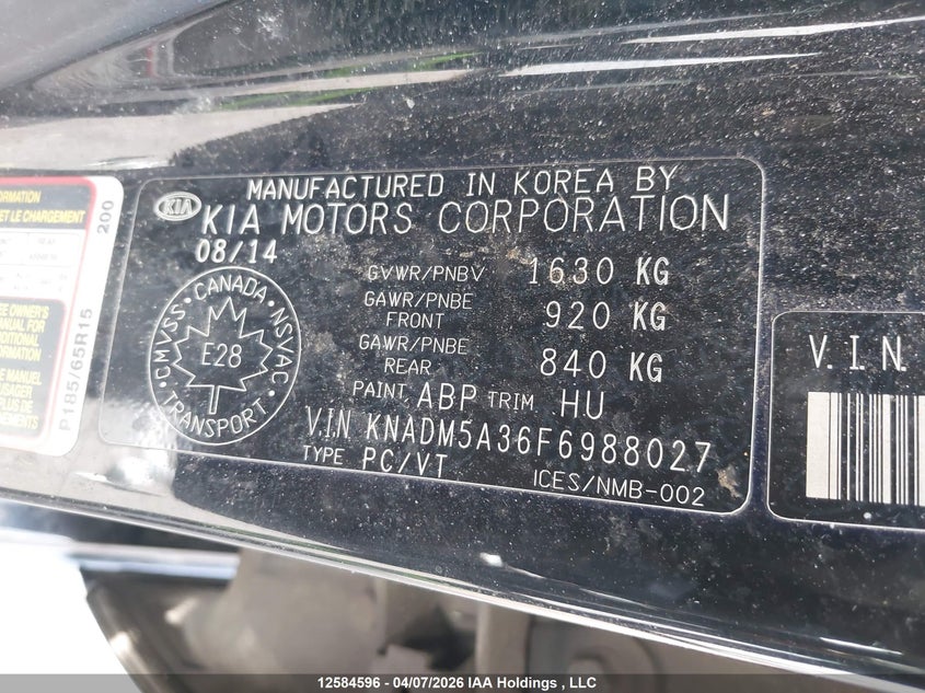 2015 Kia Rio Ex/Lx/Lx+/Sx VIN: KNADM5A36F6988027 Lot: 12584596