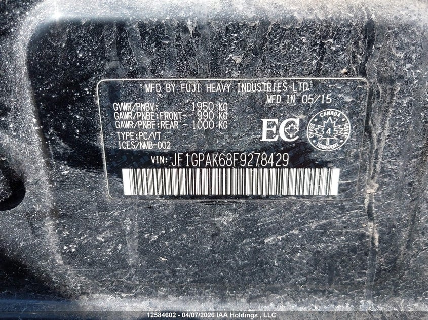 2015 Subaru Impreza 2.0I Sport Package VIN: JF1GPAK68F9278429 Lot: 12584602