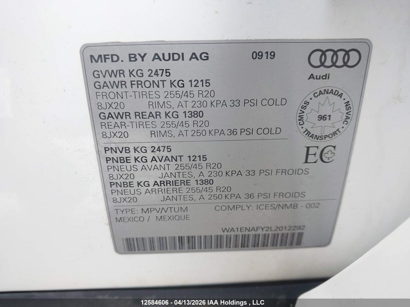 2020 Audi Q5 VIN: WA1ENAFY2L2012292 Lot: 12584606