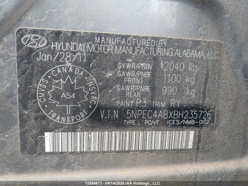 2011 Hyundai Sonata Se/Limited VIN: 5NPEC4ABXBH235726 Lot: 12584672