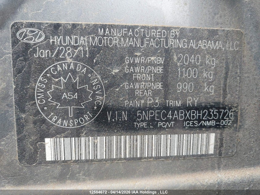 2011 Hyundai Sonata Se/Limited VIN: 5NPEC4ABXBH235726 Lot: 12584672
