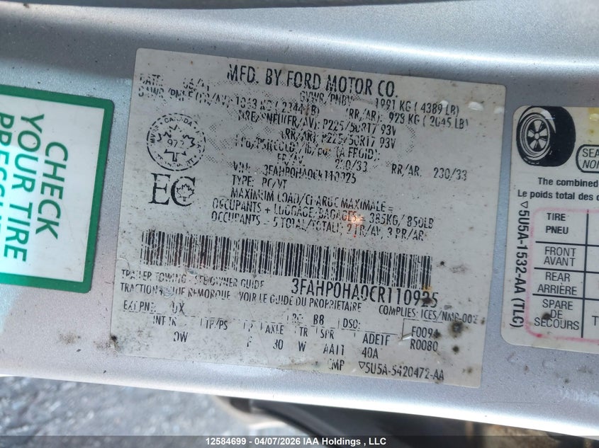 2012 Ford Fusion Se VIN: 3FAHP0HA0CR110925 Lot: 12584699