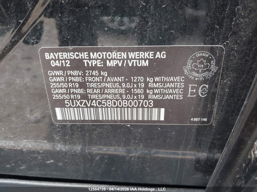 2013 BMW X5 xDrive35I VIN: 5UXZV4C58D0B00703 Lot: 12584739