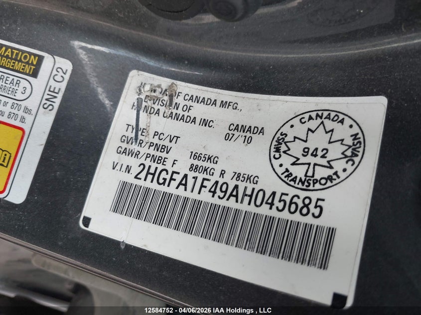 2010 Honda Civic Dx-G VIN: 2HGFA1F49AH045685 Lot: 12584752