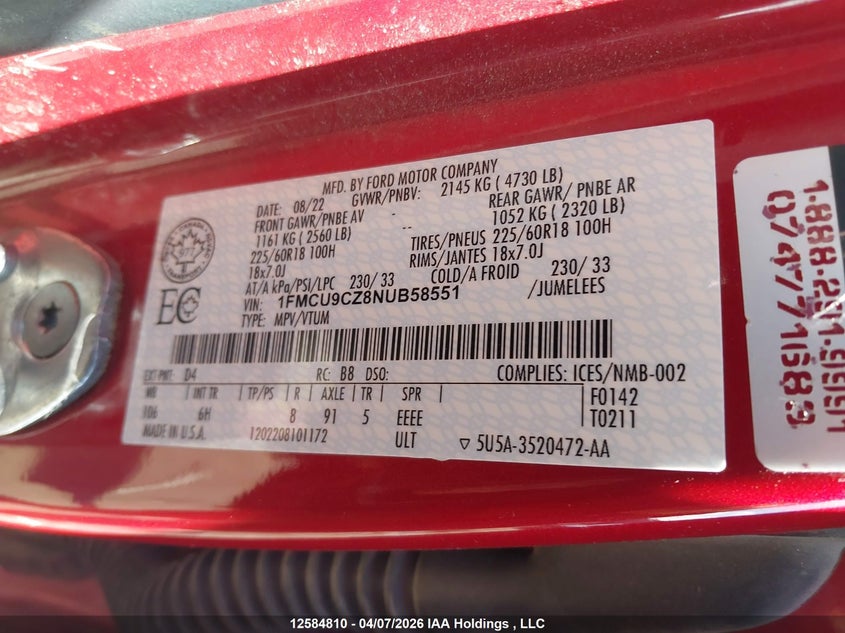 2022 Ford Escape Sel VIN: 1FMCU9CZ8NUB58551 Lot: 12584810