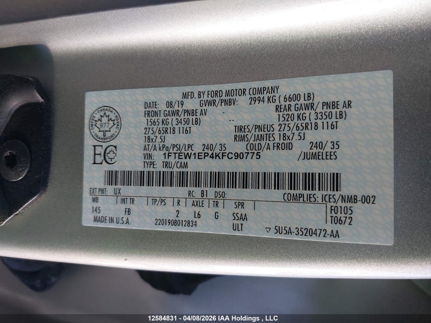 2019 Ford F-150 Xlt VIN: 1FTEW1EP4KFC90775 Lot: 12584831