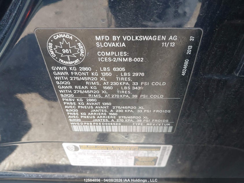 2014 Volkswagen Touareg Tdi VIN: WVGDP9BP0ED006520 Lot: 12584856