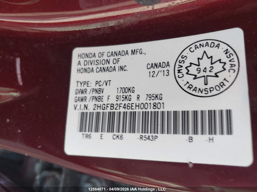 2014 Honda Civic Lx VIN: 2HGFB2F46EH001801 Lot: 12584871